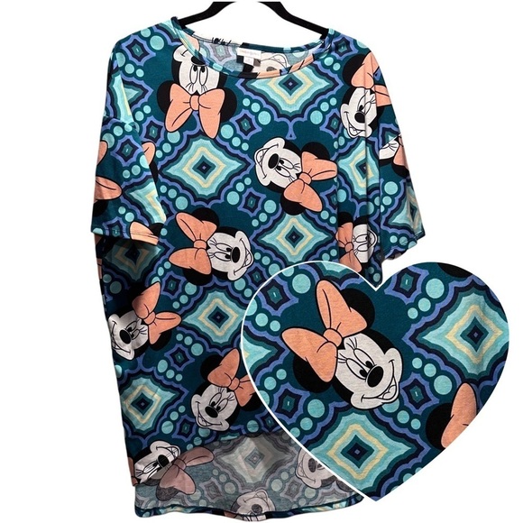 NEW Disney LulaRoe Irma Mid-Sleeve Stretchy High-Low Tunic Top Minnie Mouse Teal - Picture 1 of 16